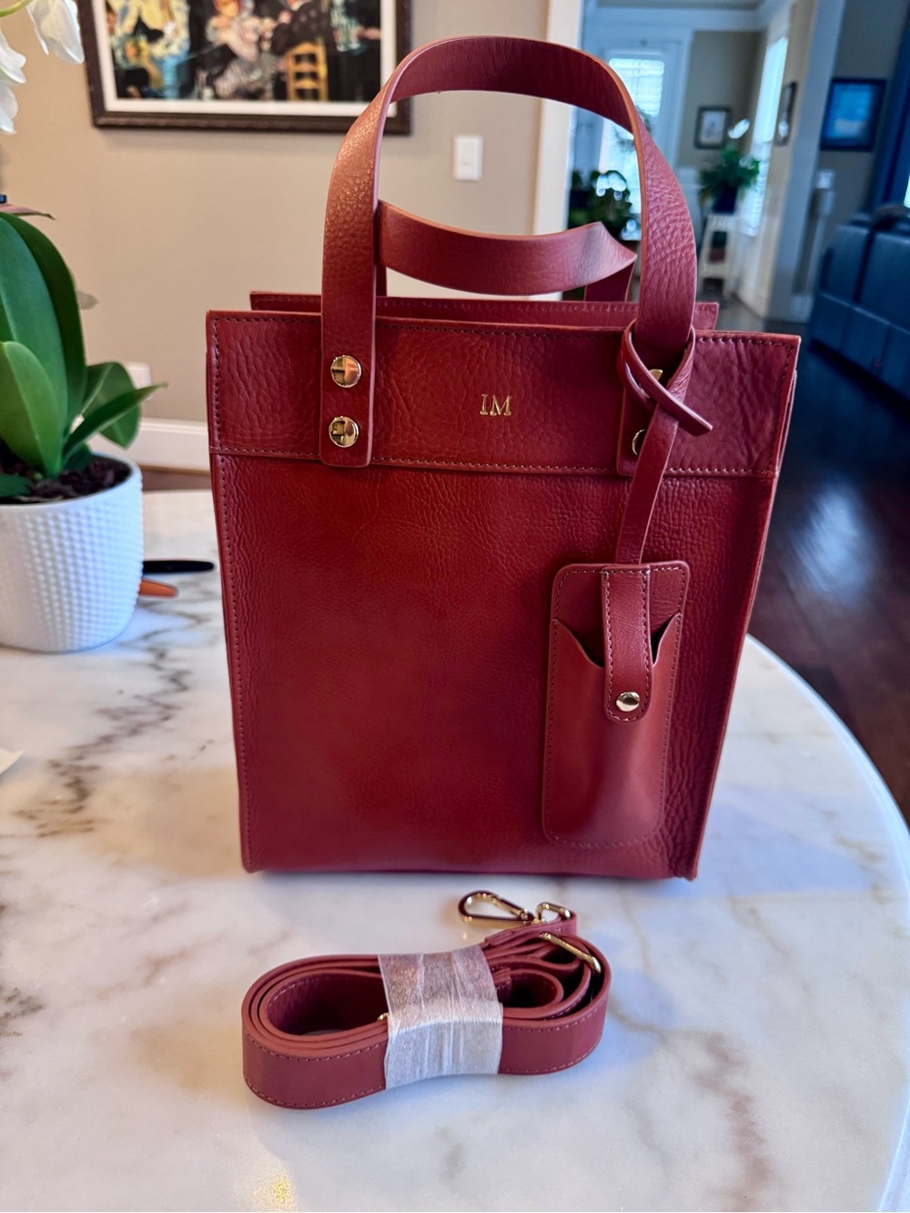 Monogrammed Leather Wine Tote Bag with Removable Leather Strap